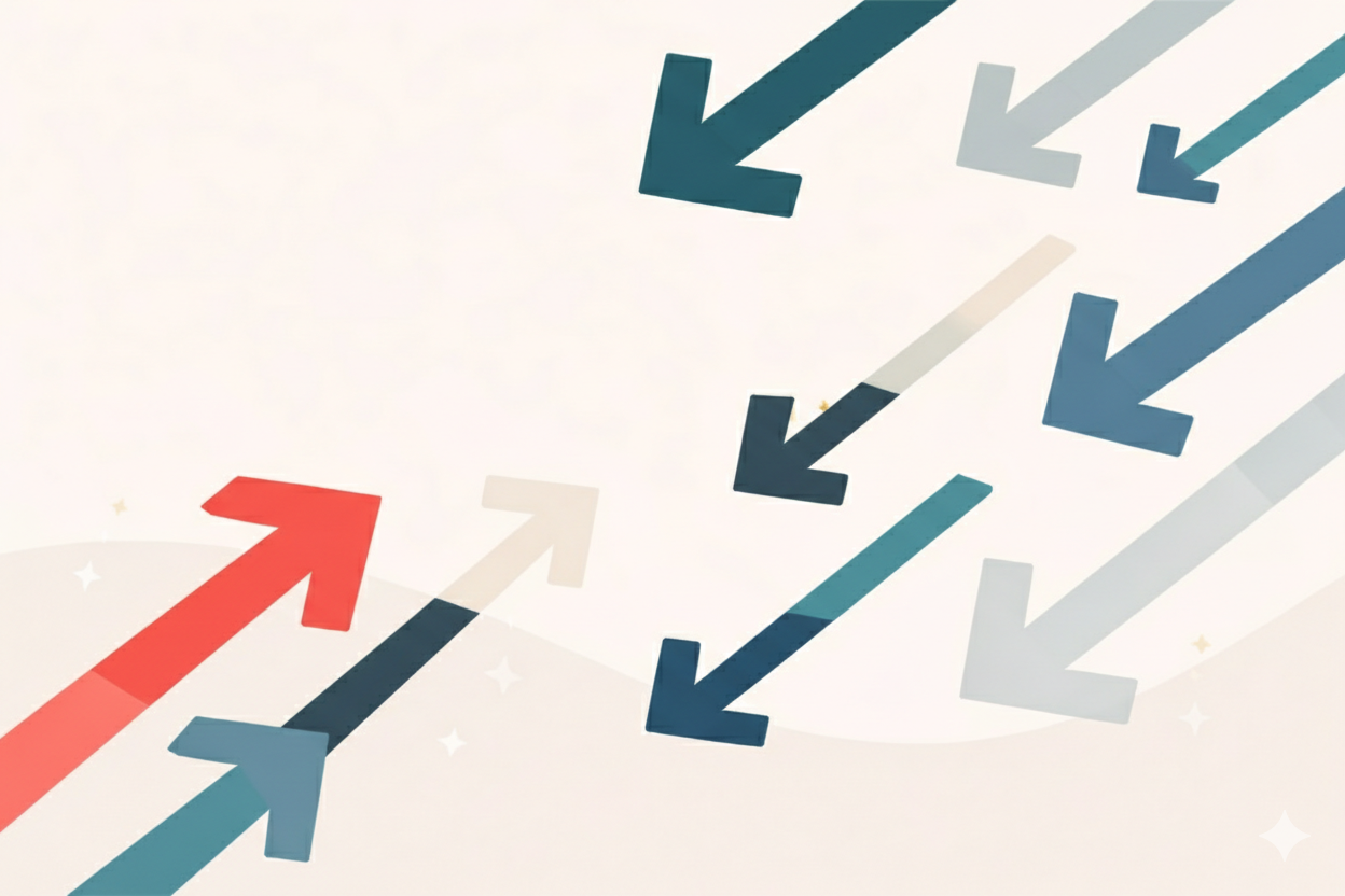 Illustration showing arrows pointing in different directions, representing teams working through changing priorities in a SaaS environment.